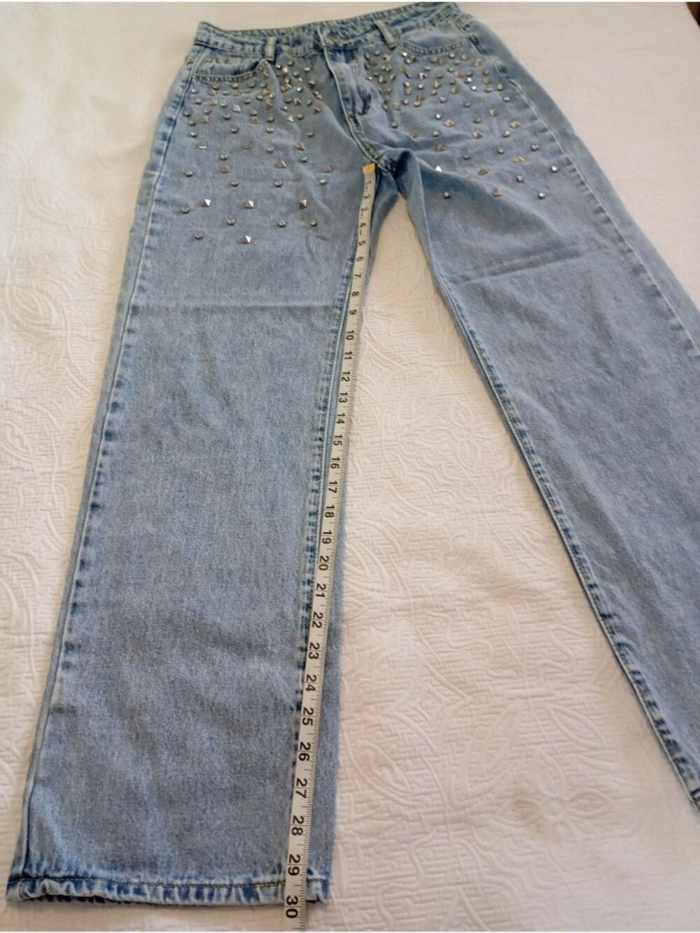 Studded Denim Jeans Rhinestone Details Size M High-Waisted Straight Leg - Picture 13 of 16
